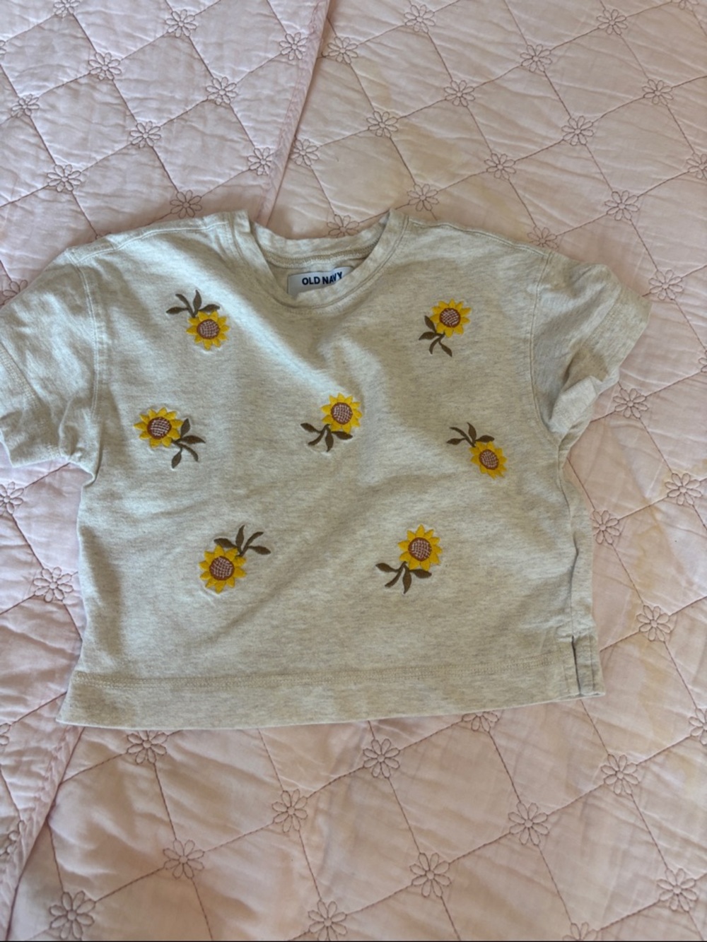Old Navy Cream Tee with Yellow Sunflower Embroidery